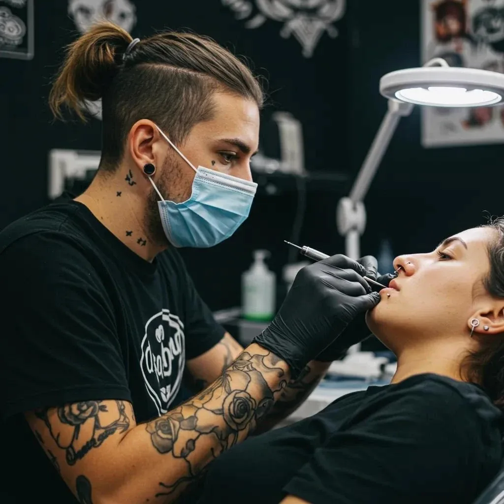 A professional piercer at Grand Avenue Tattoo expertly performs a nostril piercing, highlighting our clean, organized, and welcoming piercing environment.