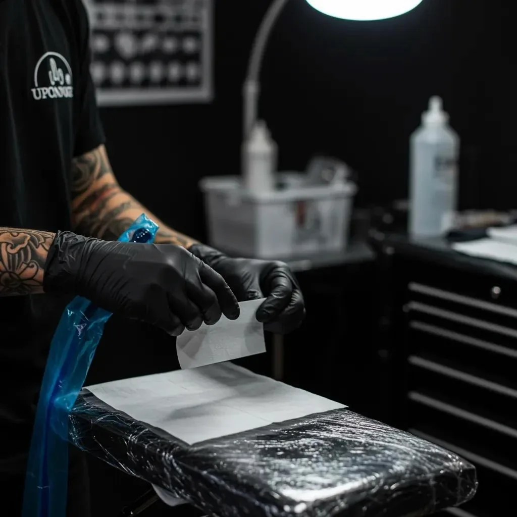 A Grand Avenue Tattoo artist meticulously prepares a sterile workspace with sanitized equipment, ensuring utmost safety and cleanliness for all walk-in clients.